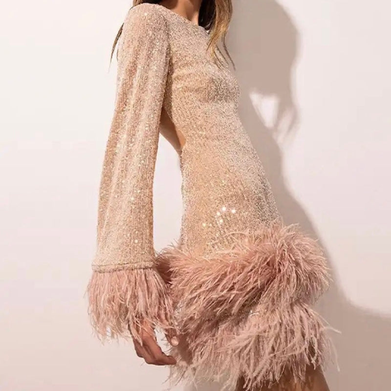 Women's Fitted Mini Dress with Sequin Hem and Feathers