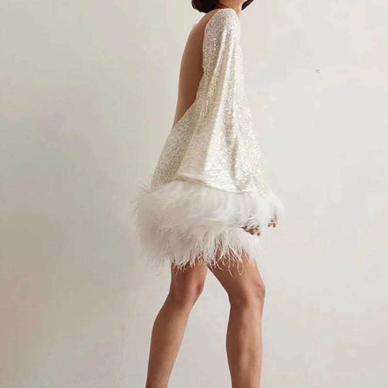 Women's Fitted Mini Dress with Sequin Hem and Feathers