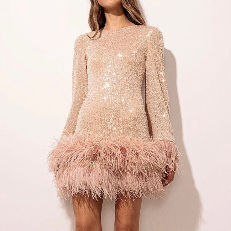 Women's Fitted Mini Dress with Sequin Hem and Feathers