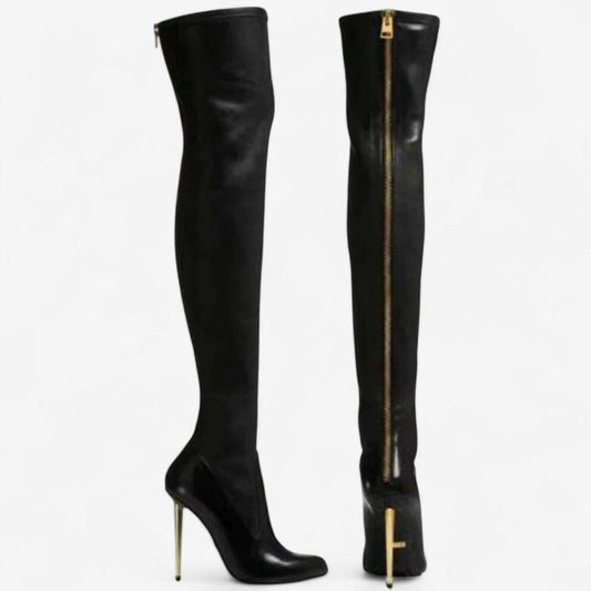Women's Knee-High Boots with Pointed Toe and Side Zip
