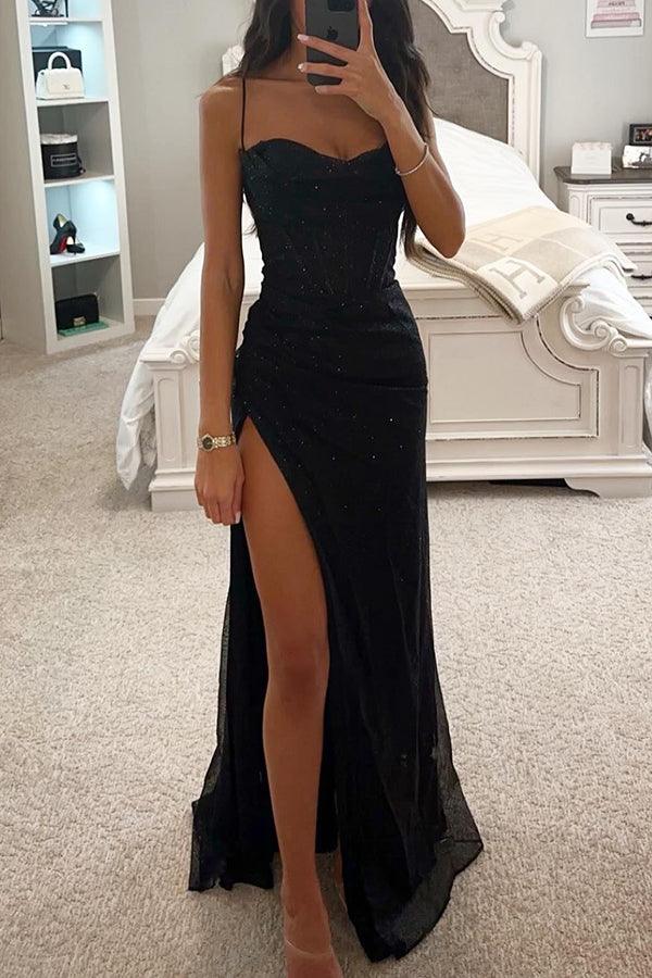 Women's Satin Corset Slit Maxi Dress - Elegant Autumn Evening Dress